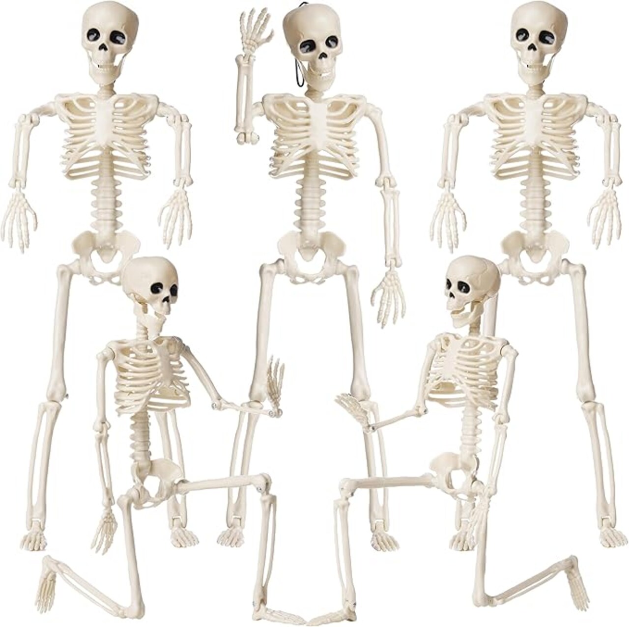 5 Pack Skeletons Halloween Decorations, 16" Plastic Full Body Posable Skeleton with Movable Joints, Small Hanging Skeleton for Halloween Outdoor Indoor Party Decor Haunted House Graveyard